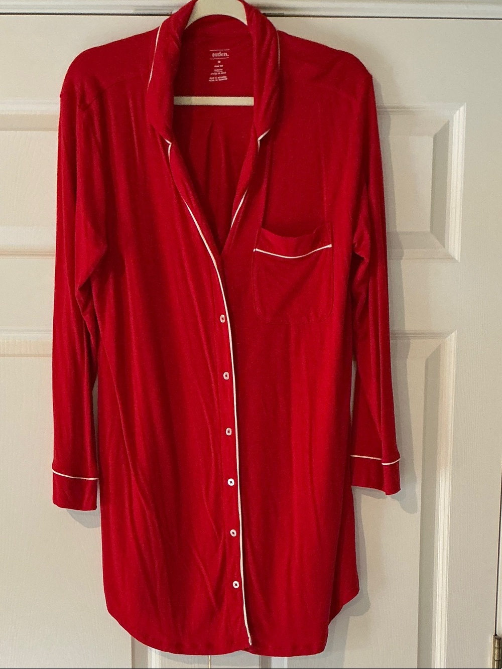 audrey Red Button-Front Long Sleeve Medium Sleep Shirt with White Piping